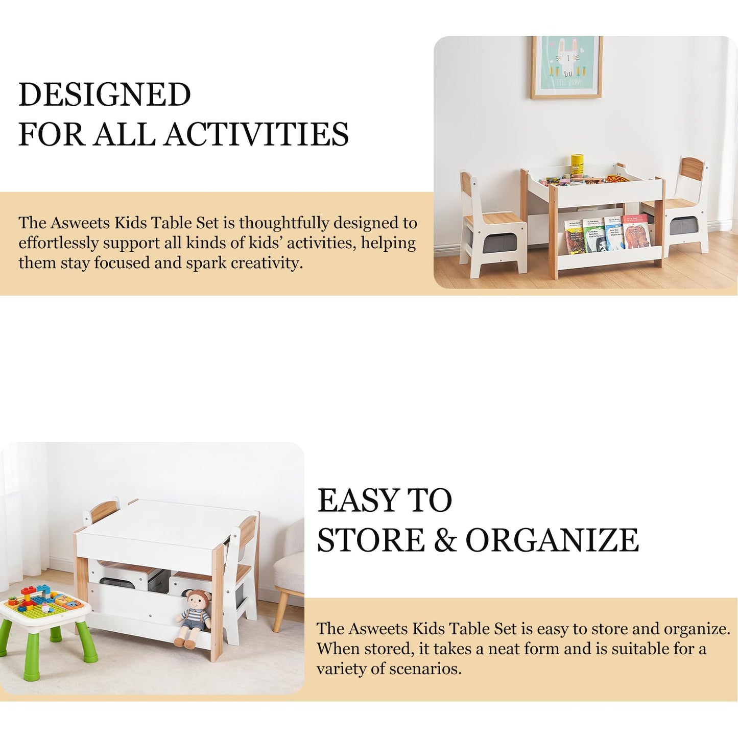Asweets Kids Table and Chair Set,4 in 1 Toddler Desk with Storage Drawer,Wooden Activity Table for 2 in 1 Detachable Tabletop,Bookshelf,Suitable for Classroom,Home,Nursery,Playroom (Natural White)