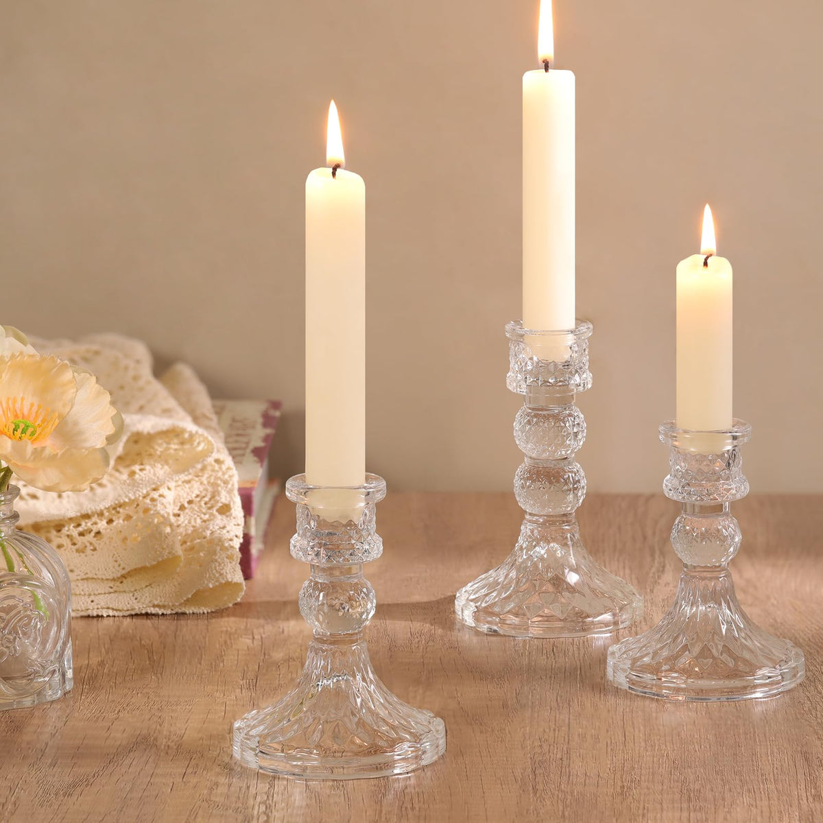 DARJEN Clear Glass Candlestick Holders Set of 6, 4" H & 5" H Taper Candle Holders for Candlesticks & Pillar Candles, Diamond Candle Holders for Wedding Party Table Centerpiece, Home Decor