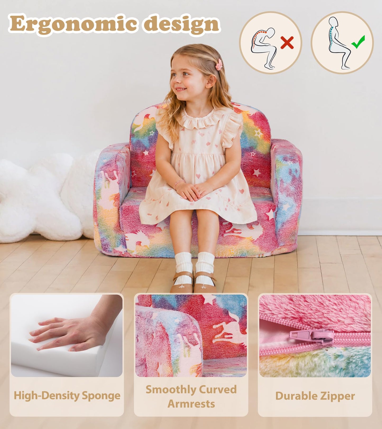 Kids Couch, 2-in-1 Soft Toddler Couch Fold Out with Blanket and Cloud Pillow, Glow in The Dark, Toddler Chair Comfy, Convertible Sofa, Gifts for Kids Girl Boys, Medium Pink Unicorn