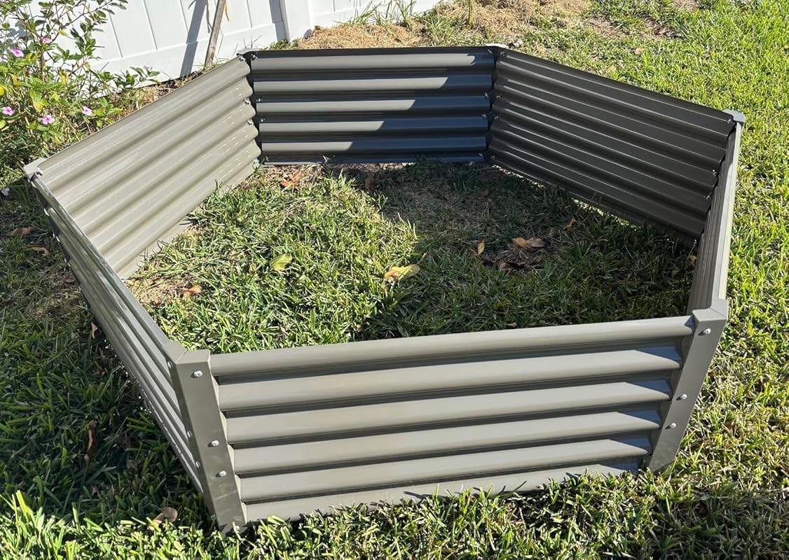 A ANLEOLIFE Hexagon Galvanized Metal Raised Garden Bed Outdoor, 70x60x18in Deep Metal Planter Box for Flowers, Herbs & Vegetables, 18'' Tall Decorative Raised Bed, Quartz Grey