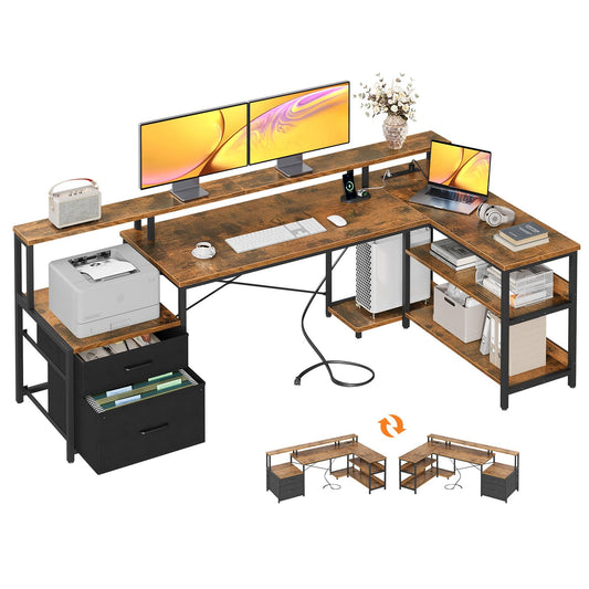 ODK 75" L Shaped Desk with File Drawers, Work from Home Office Desk with Power Outlet, Reversible Computer Desk with Storage Shelves, Gaming Desk with Monitor Shelf, Corner WFM Table, Vintage