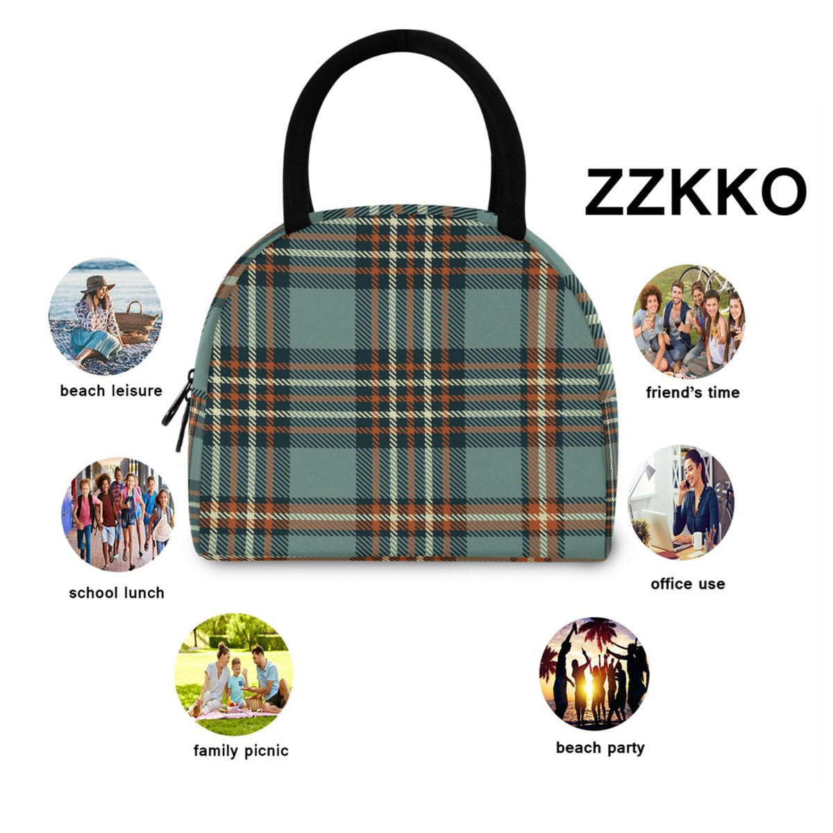 ZZKKO Plaid Tartan Lunch Bag Box Tote Organizer Lunch Container Insulated Zipper Meal Prep Cooler Handbag For Women Men Home School Office Outdoor Use