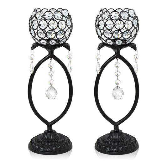 kehail 2 Pcs Elegant Metal Crystal Tea Light Candle Holders with Crystal Pendants, Hollow Design - Wedding Table Centerpieces for Anniversary Birthday Party, Home Decor (2, Black)