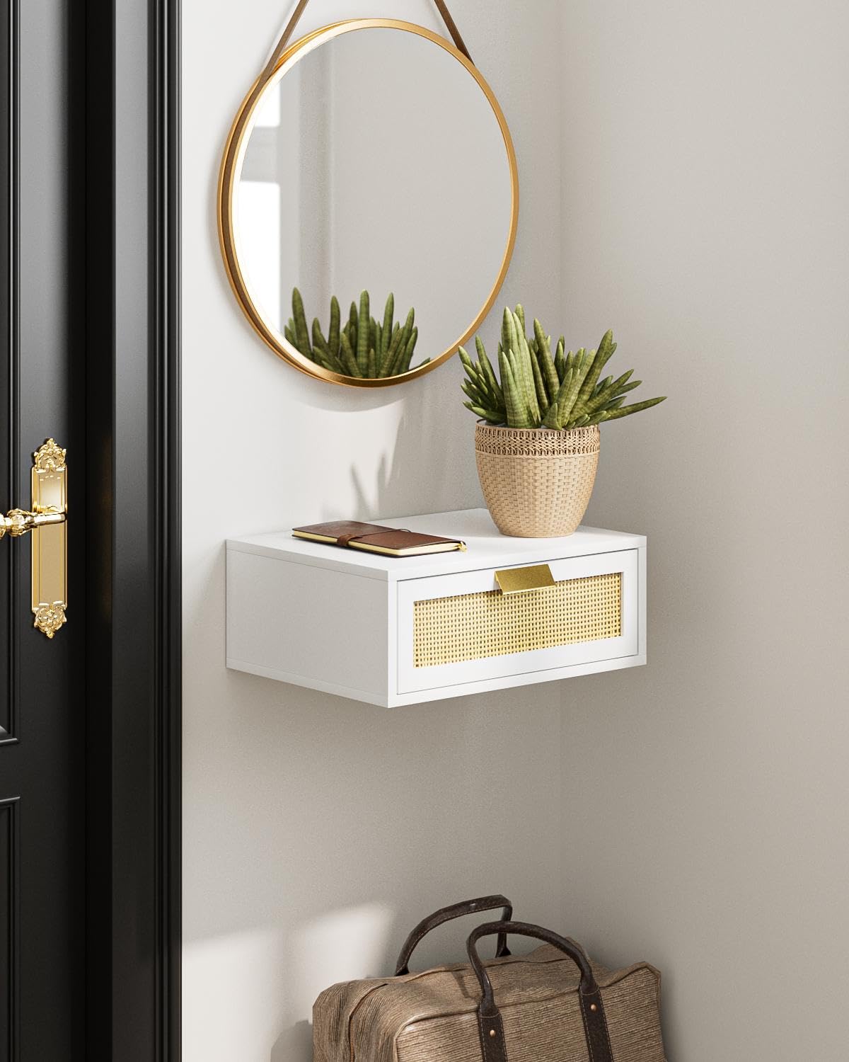Aienvey Floating Nightstand, Floating Shelf with Drawer, Wall Mounted Nightstand, Floating Bedside Table (White Rattan)