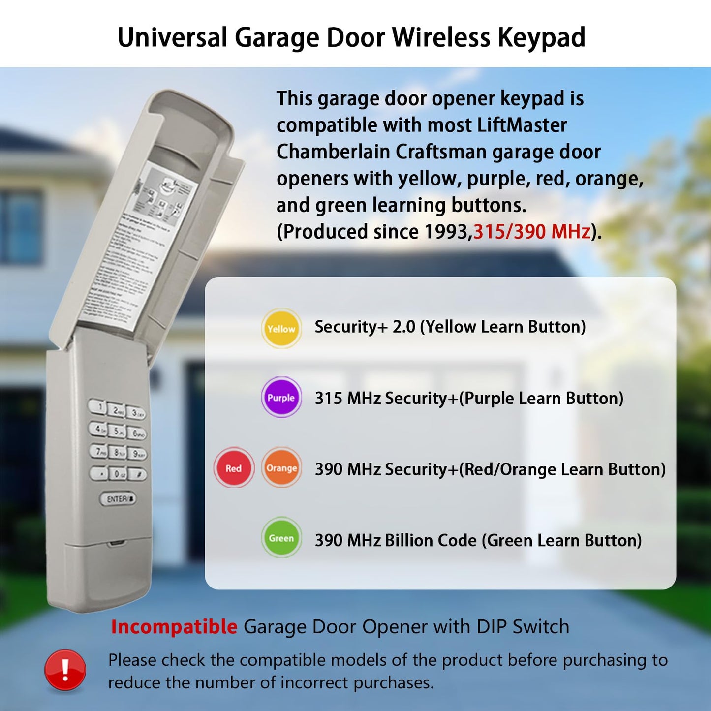 XDTKML Garage Door Opener Keypad Replacement for Liftmaster Chamberlain Craftsman Garage Door Keypad Wireless Keyless Entry with 315/390 MHZ Learn Button Since 1993
