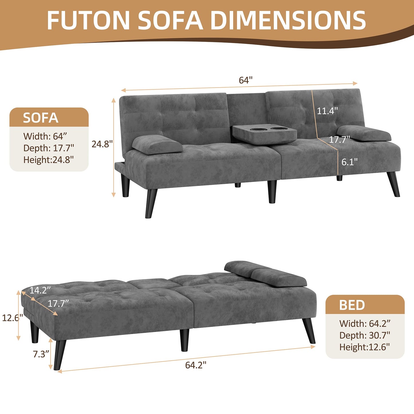 Shintenchi Futon Sofa Bed, Velvet Foldable Couch, Reclining Sleeper with Removable Armrests, Upholstered Loveseat Sofa Couch with Folding Cup Holders for Home, Office, Dark Grey