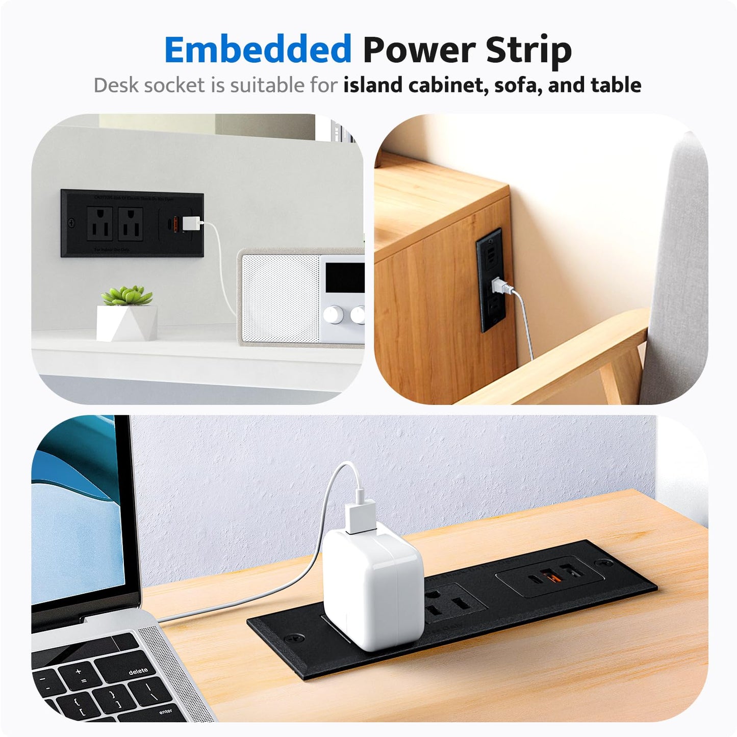 DOACE Recessed Power Strip with USB C Fast Charging Conference Recessed Outlet,Space-Saver for Furniture Side Table,2 AC Outlets,3 USB Ports,6ft Cord, for Home
