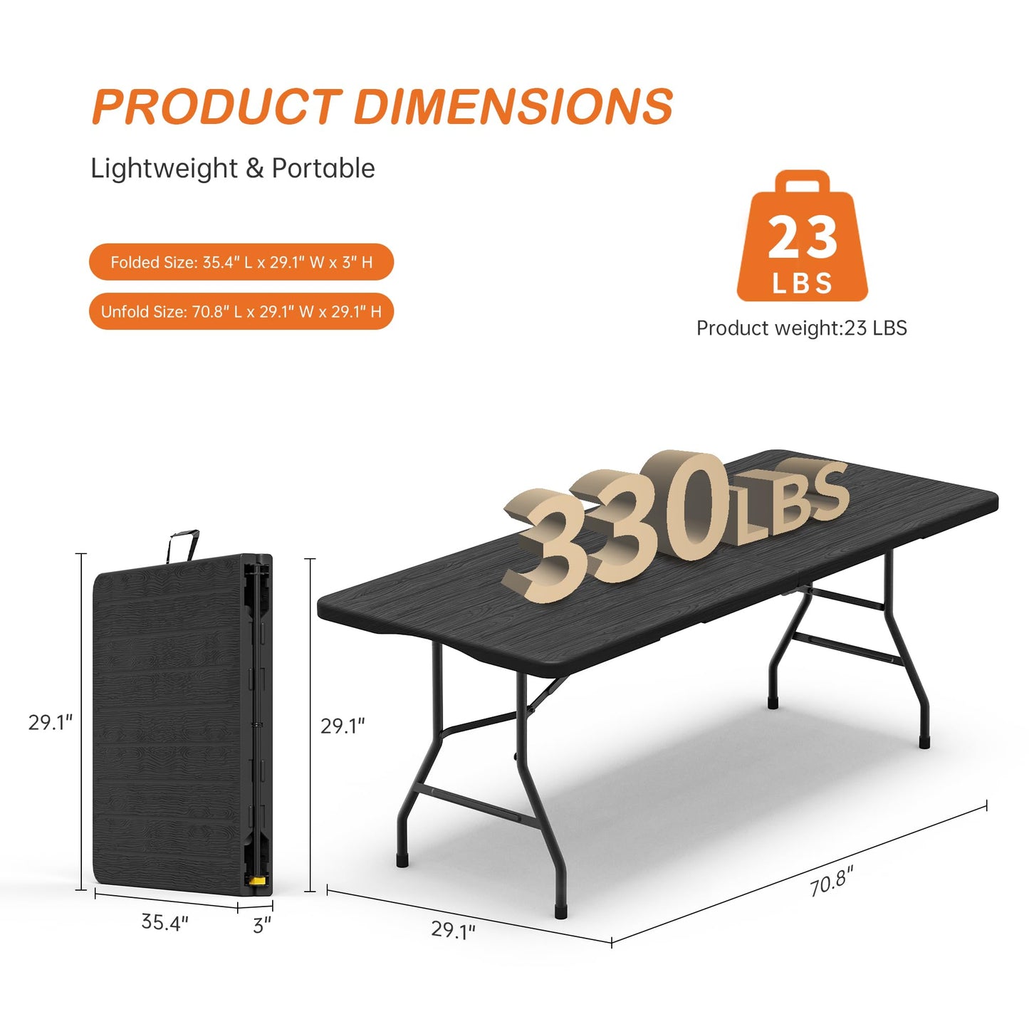 VSOAEIL Folding Table 6 Foot for Indoor Outdoor, Portable Heavy Duty Fold-in-Half Utility Plastic Foldable Dining Table with Carrying Handle for Picnic, Camping and Party, Matte Black