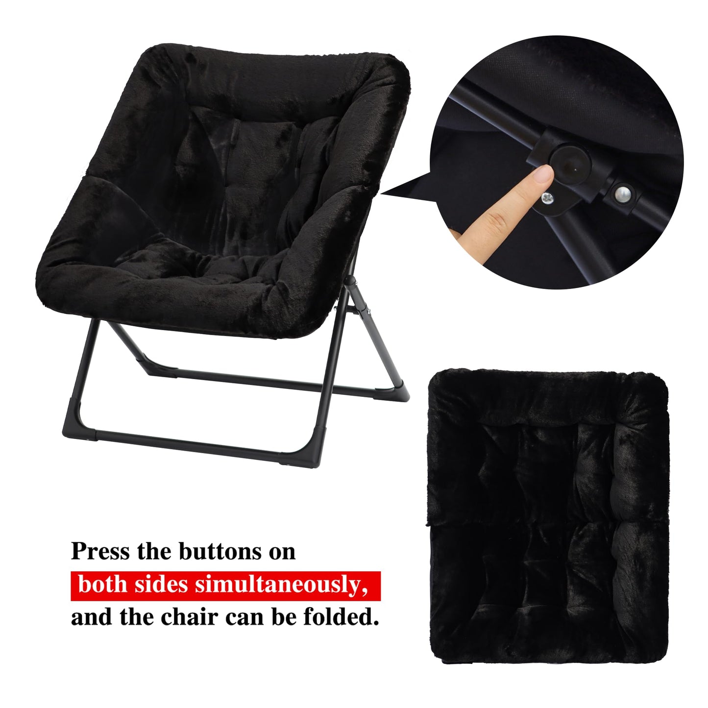 Mordchil HF Comfy Saucer Chair for Adults, Set of 2, Soft Faux Fur Bedroom Chair, Accent Dorm Chairs, Flexible Living Room Reading Chairs, Oversized Folding Seat for Teens, X-Large, Black