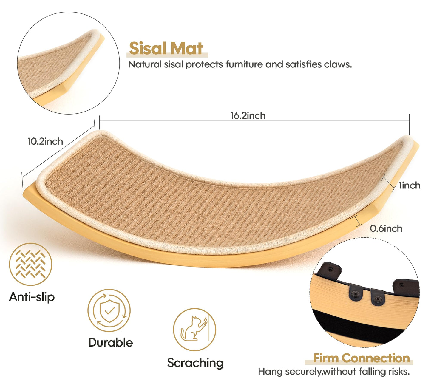 Curved Cat Wall Hammock with Scratchable Sisal Pad, Large Floating Cat Shelf for Wall, Wall Mounted Beige Bed for Playing, Climbing, and Sleeping