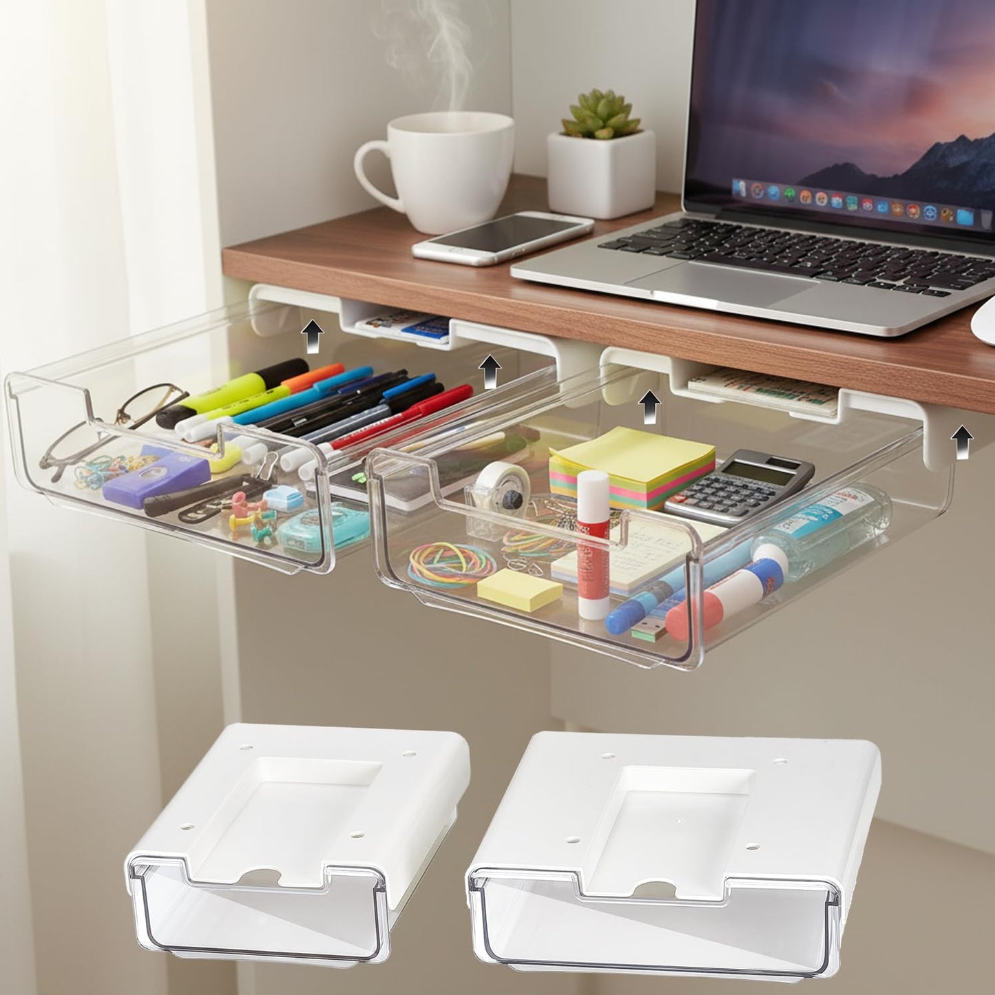 OrgaFocus 2 Pack Under Desk Hanging Drawer Slide Pull Out, Attachable Clear Acrylic Storage Tray, Easy Hidden Self Adhesive Mount Cabinet Shelf Holder for Tables, Home & Office, Counters, Workstation