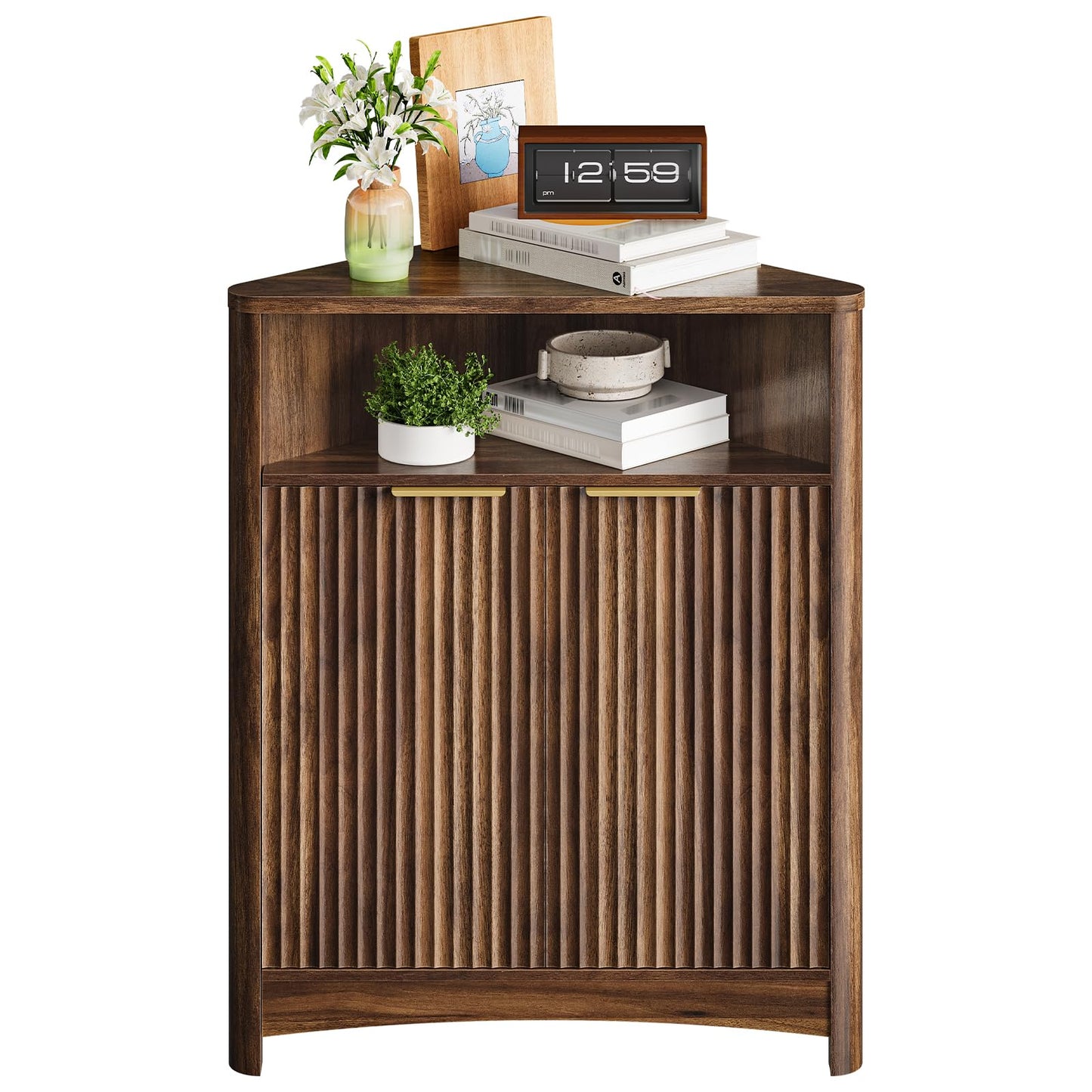 CHOEZON Corner Cabinet, Corner Storage with Fluted Panels and Adjustable Shelf, Modern Floor Cabinets for Small Spaces, Bathroom, Living Room, Kitchen, Walnut MCW23HT