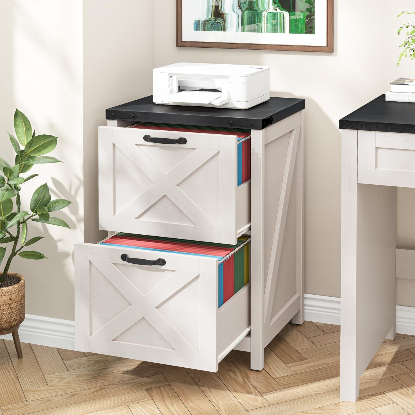 Halitaa 2 Drawer Small File Cabinet, Farmhouse Vertical Filing Cabinet Fits Letter and A4 Size, Under Desk Wooden File Cabinets for Home Office, Printer Stand, White and Black
