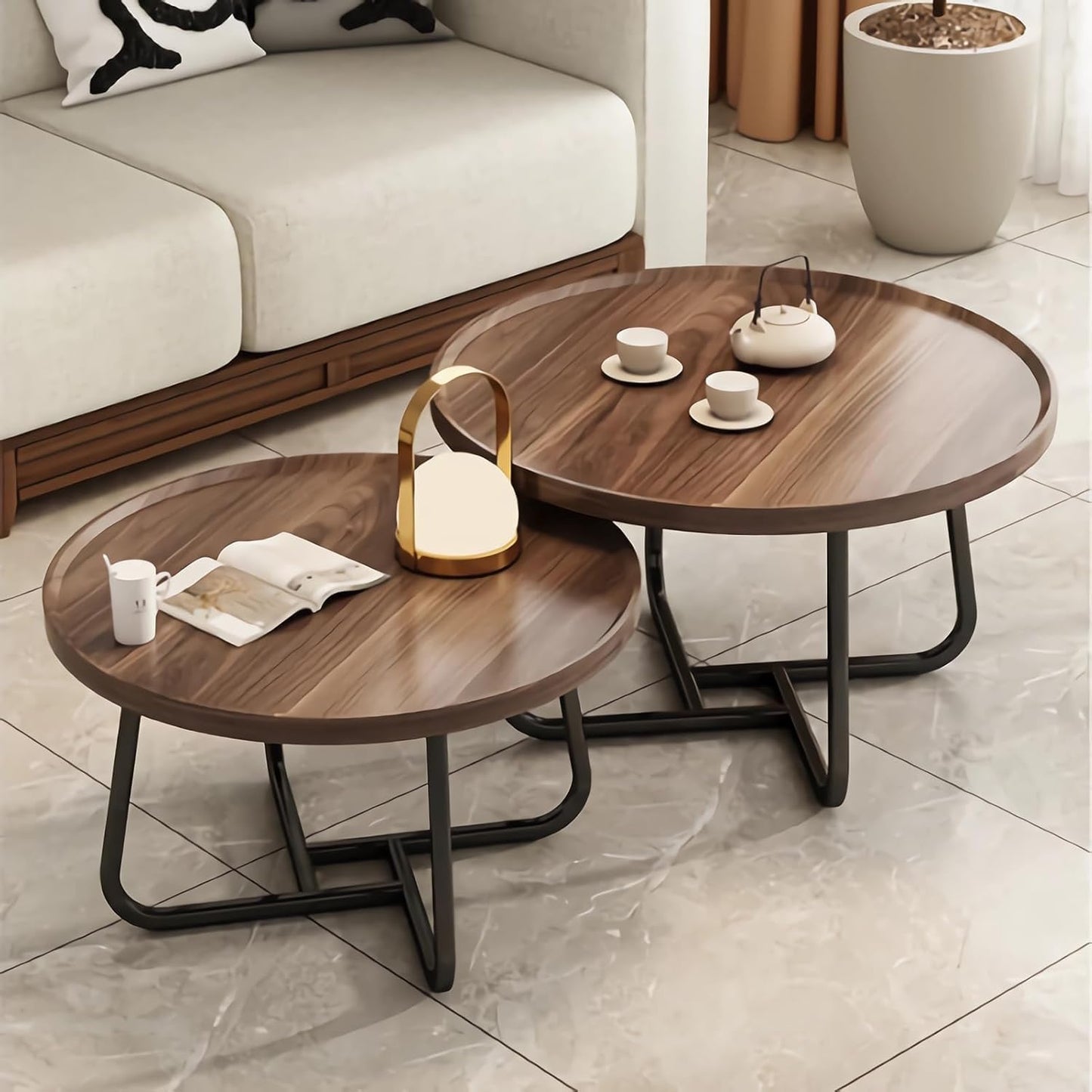 Round Nesting Coffee Table Set of 2, 28" Round Walnut with Fluted,Mid Century Modern,Center for Living Room Bedroom Office Balcony Yard