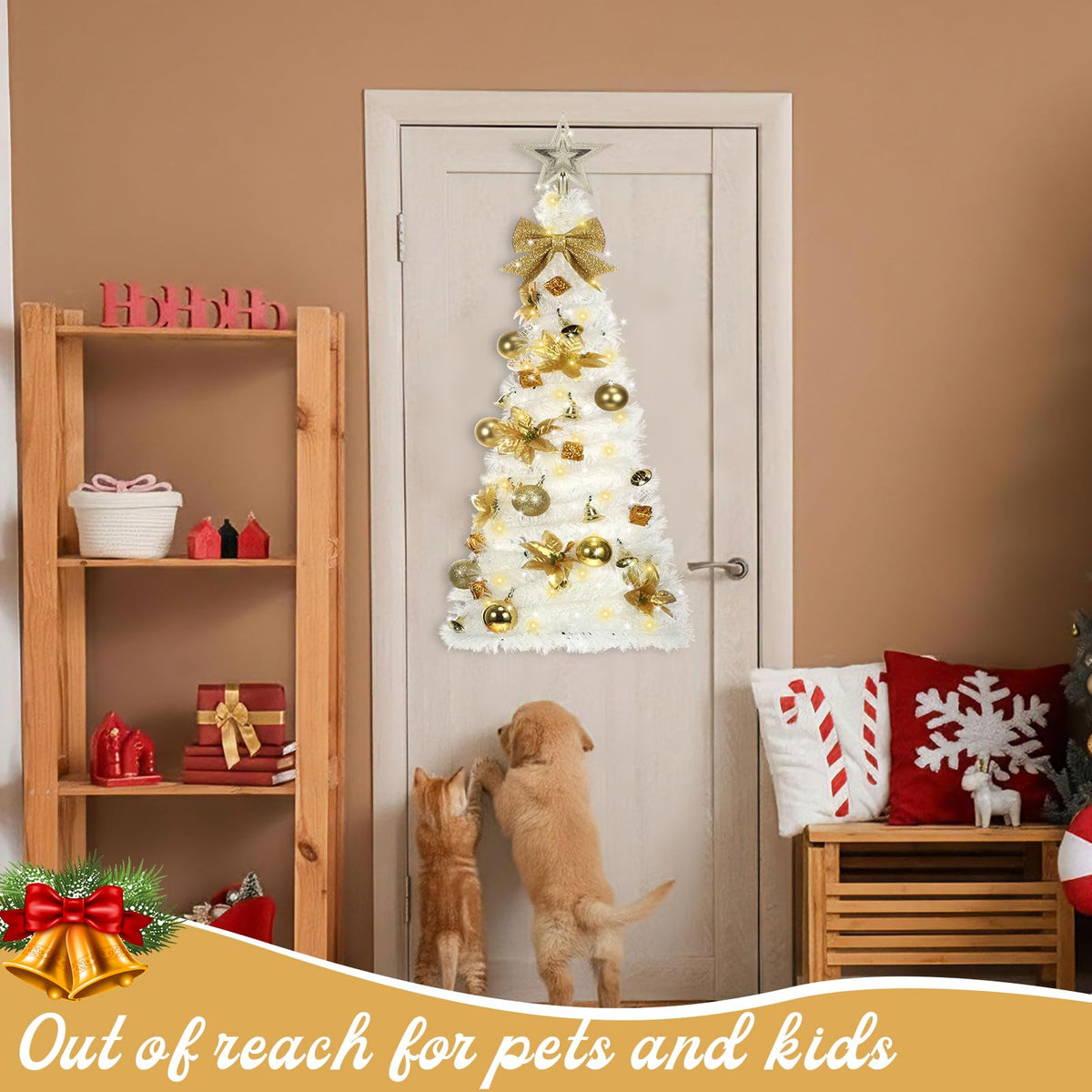 Suncalla Wall Christmas Tree with Lights 40inch, Artificial Wall Hanging Xmas Decoration with 50 LED String Lights, Saving-Space Door Hanging Xmas Tree Small Space Home School Office(Platinum)