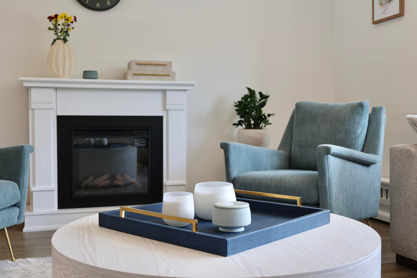 24"x24" Oversized Square Ottoman Tray for Living Room, Extra Large Navy Blue Shagreen Leather Decorative Tray for Coffee Table,Wooden Serving Trays for Dinner Party (navyblue-Gold Handle, 24")