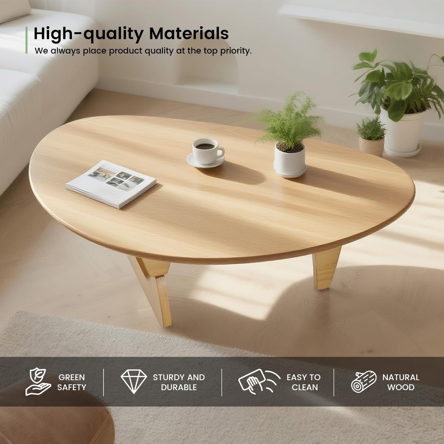 Modern Triangle Coffee Table: Unique Funky Soild Wood Coffee Tables for Living Room, Wooden Oval Mid-Century Modern Abstract Tea Tables for Patio Office Balcony Natural 43" L x 31" W x 16" H