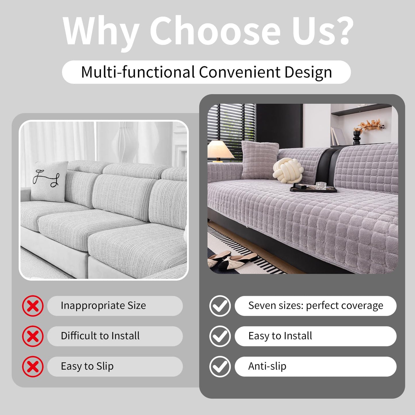 MDSASFD Velvet Couch Cover, Washable Sectional Sofa Cover, Anti Slip Sofa Slipcover for 3 Cushion Couch Sofa L Shaped Armrest Backrest, Furniture Protector Covers for Pets Kids(Light Grey, Only 1 PCS)