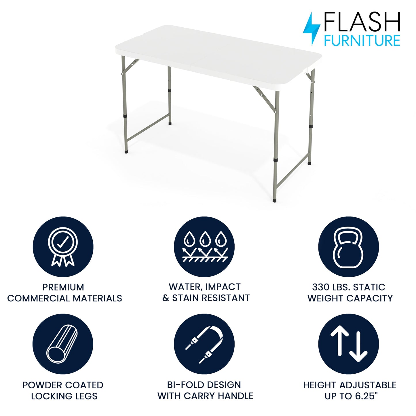 Flash Furniture 4' Rectangular Plastic Folding Event Table with Adjustable Legs and Carrying Handle, Bi-Fold Portable Banquet Table for Indoor/Outdoor Events, White