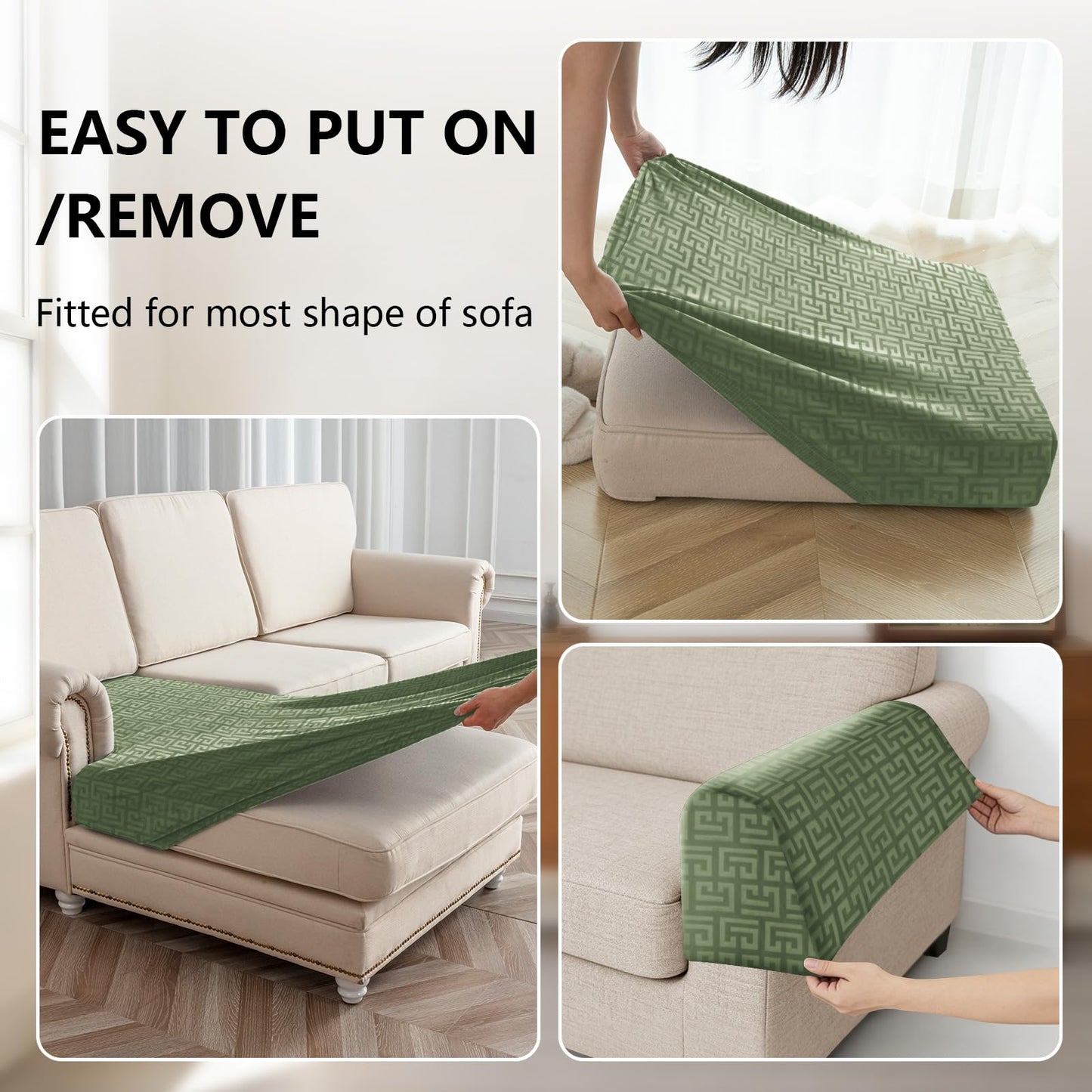 UNBBRRL 10 Pieces Stretch Sofa Cushion Covers for U-Shaped Modular Sectional Couch with 4 Seats+4 Backs+2 Arms, Upholstered Covers for Sofa Bed with Deep Double Chaise (Avocado,10 Pieces Set)