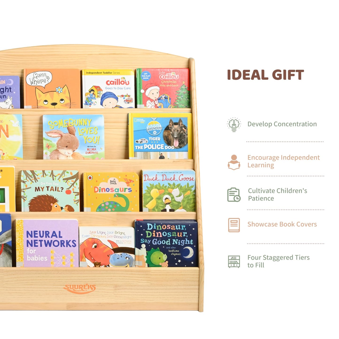 suureks Montessori Bookshelf, 4 Tier Kids Bookshelf – Safe, Sturdy, and Easy to Clean, Premium Wooden Book Shelf for Kids Rooms, Playroom, Classroom, Nursery（31-1/2" D x 11-4/5" W x 31-1/2" H）