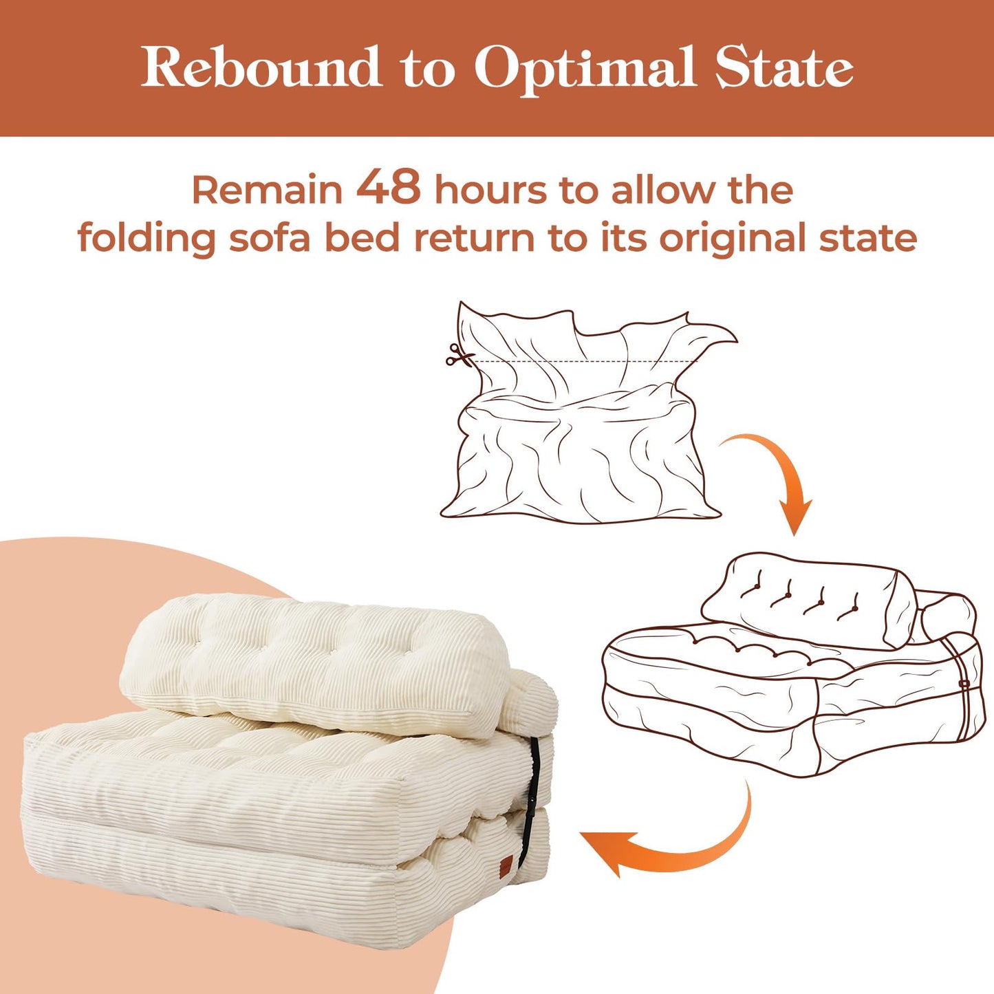 Vellorise Folding Sofa Bed, Convertible Sleeper Chair with Back Support and Pillow Futon, Boneless Matress, for Living Room/Guest Use/Home Office, Foldable Chair Bed for Adults, Beige, Full
