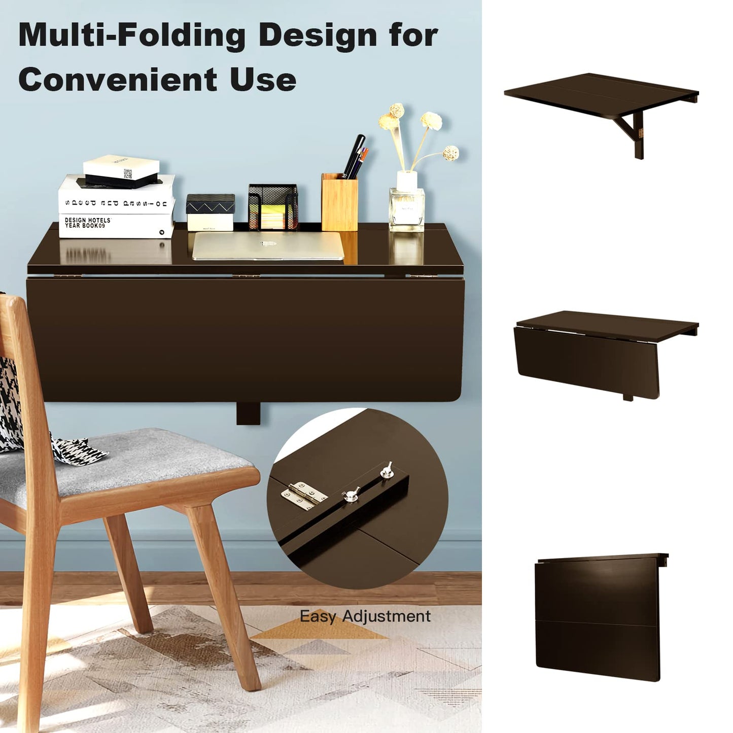 COSTWAY Wall Mounted Folding Table, 31.5" x 23.5" Drop-Leaf Floating Writing Desk for Small Spaces, Space-Saving Fold Down Laptop Workstation for Kitchen, Bedroom, Laundry Room, Study Room (Brown)