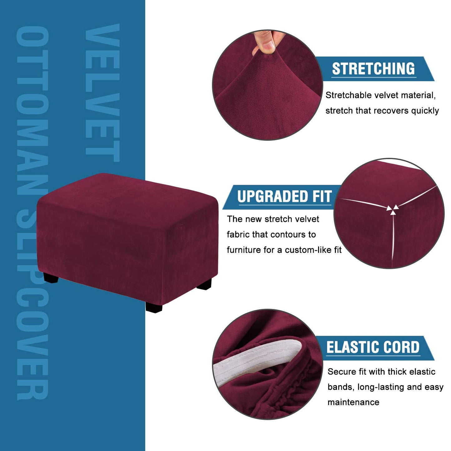 H.VERSAILTEX Real Velvet Plush 1 Piece Form Fit Stretch Rectangle Folding Storage Covers Ottoman Slipcovers Removable Footstool Protect Footrest Covers Elastic Bottom Washable(Large, Burgundy)