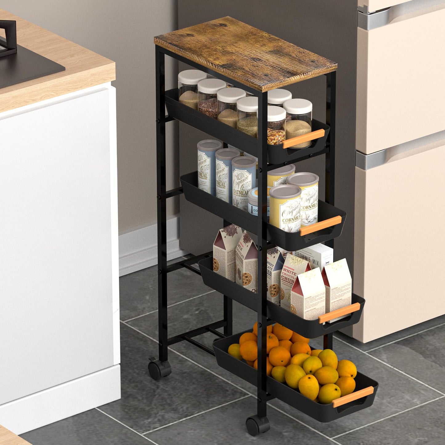 SHAJOPH 5 Tier Slim Rolling Utility Cart with Drawers Pull-Out Design Slim Storage Cart with Metal Frame and Wooden Top for Narrow Space in Home Kitchen Bathroom Black (Width 8.1 Inches)