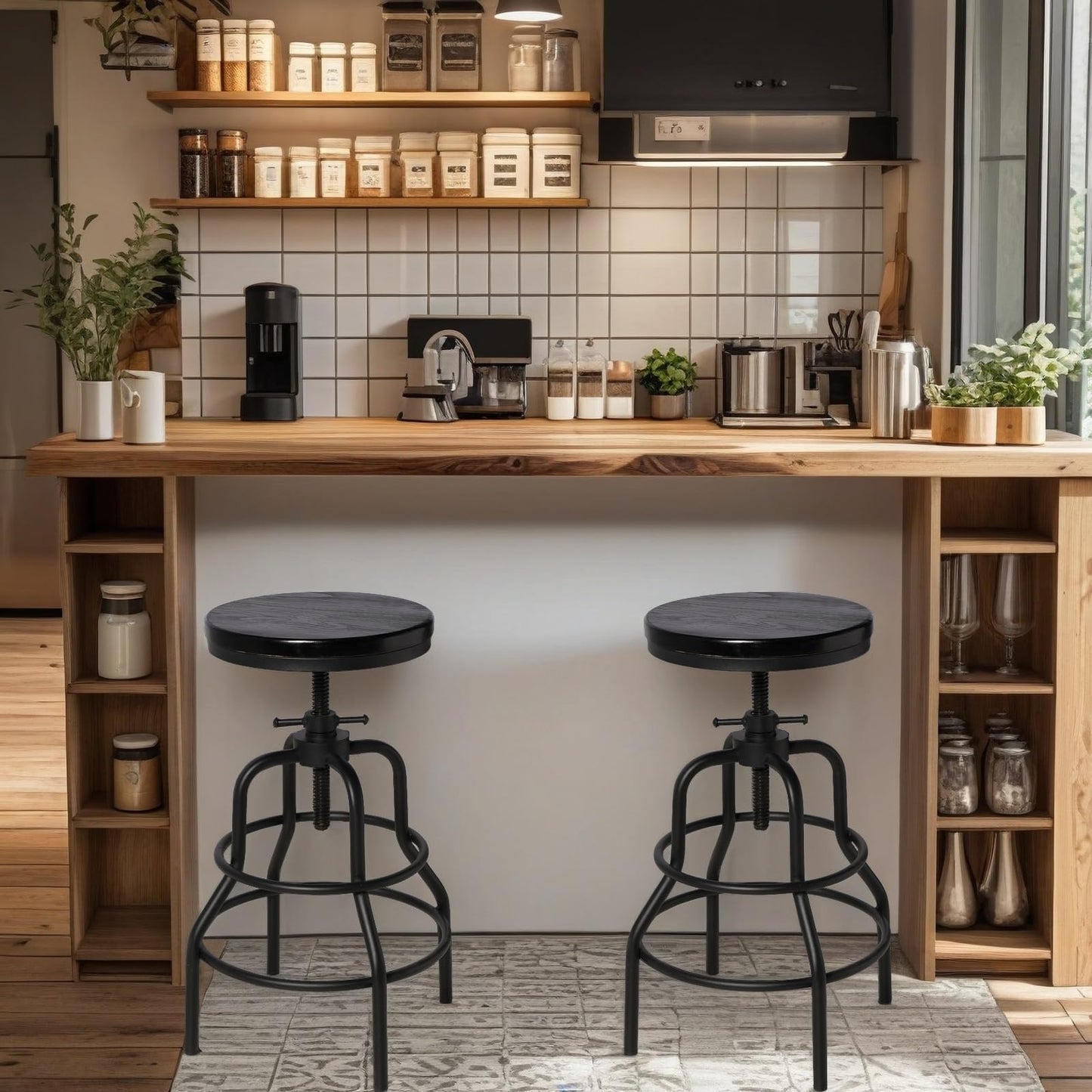 LOKKHAN Vintage Industrial Bar Stool-Rustic Swivel Bar Stool-Round Walnut Wood Metal Stool-Counter/Bar Height Adjustable Pipe Stool-Cast Steel Stool 23.62"-29.52" (Set of 2)