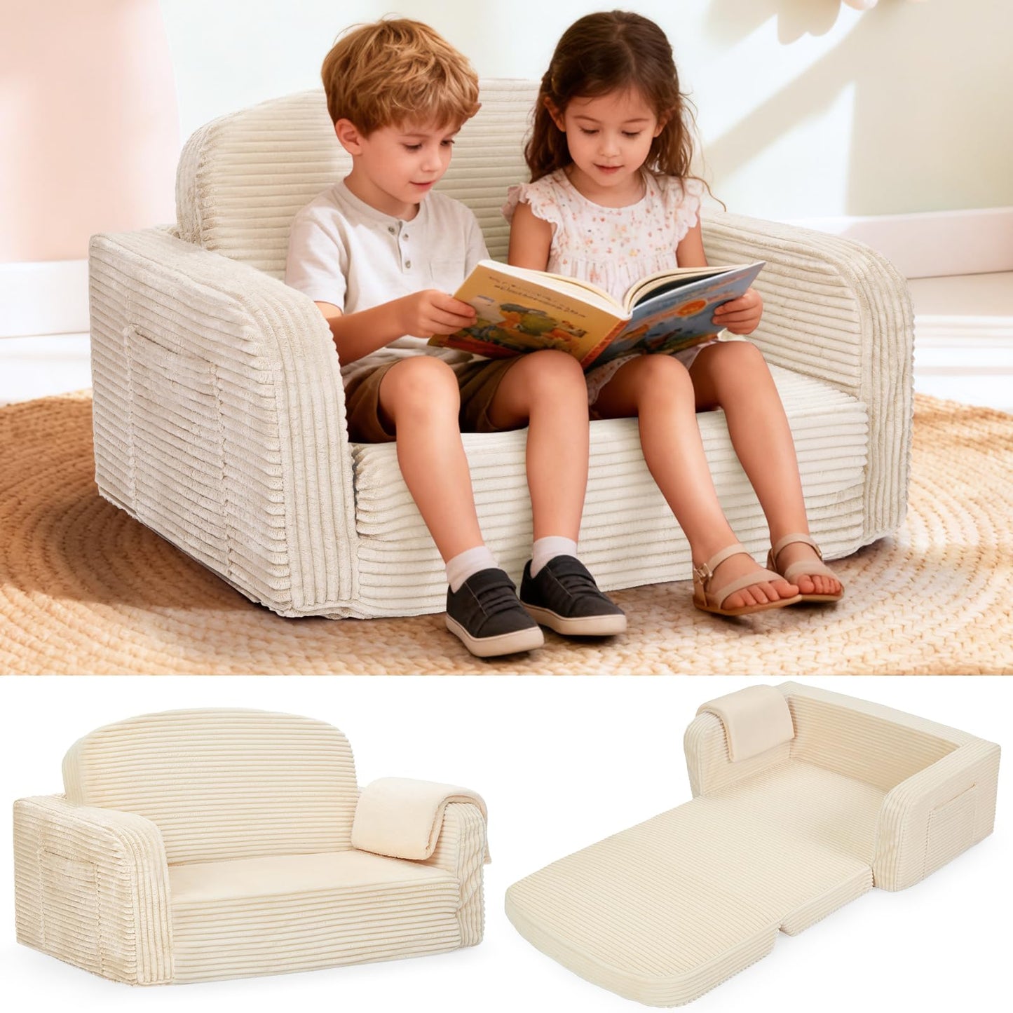 Foryoomi Extra Wide 2 in 1 Convertible Toddler Kids Couch - Corduroy Fold Out Kids Sofa Chair with Blanket, Comfy Comfortable Toddler Chair, Machine-Washable Cover, for Boys Girls, Cream