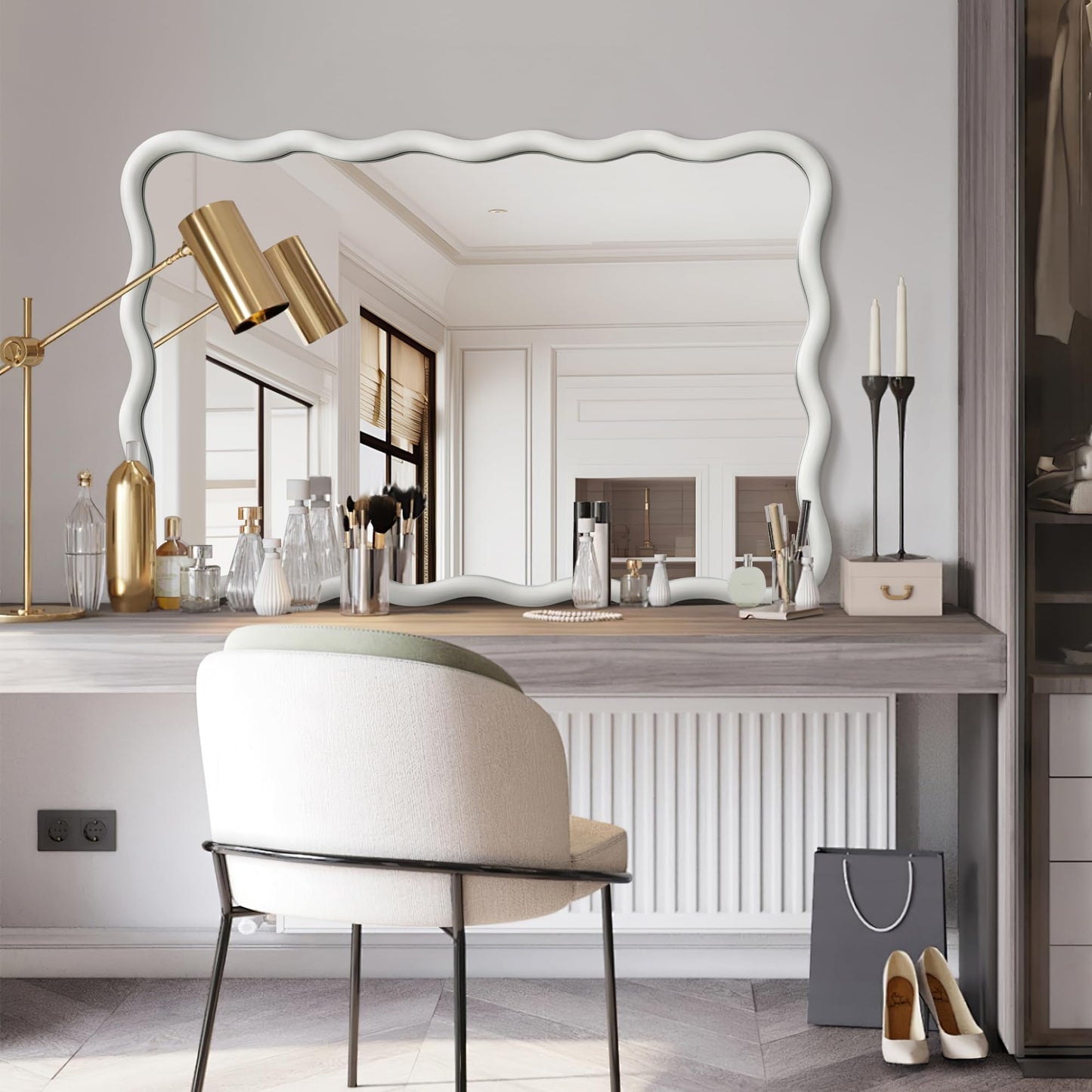 Dorlicecass White Wavy Mirror Solid Wood- Squiggly Mirror Vanity Modern Wall Decor for Bathroom, Bedroom, Living Room, Dining Room, Cloakroom, Entryway