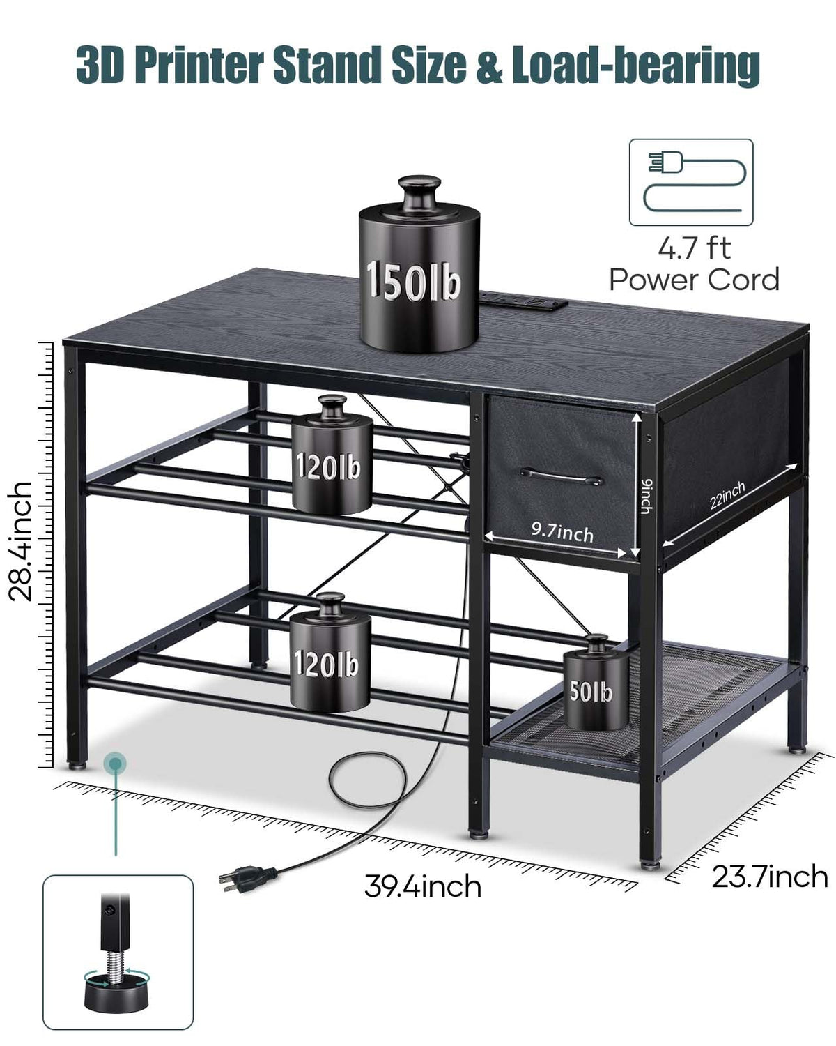 3D Printer Table with Filaments Storage - 3D Printer Stand Filament Storage Rack Heavy Duty 3D Print Desk with Drawer for Workshop Studio Office (Black)