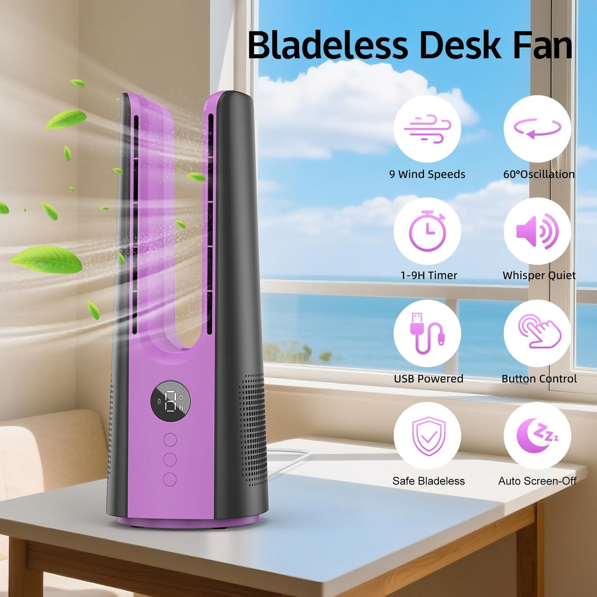KONSIDEN Desk Fan, 13 Inch Portable Bladeless Fan, Small Quiet Table Fan with 60°Oscillating, 9 Speeds & 9H Timer, LED Display, Button Control, Easy to Clean, Personal Desktop Fan for Bedroom, Office