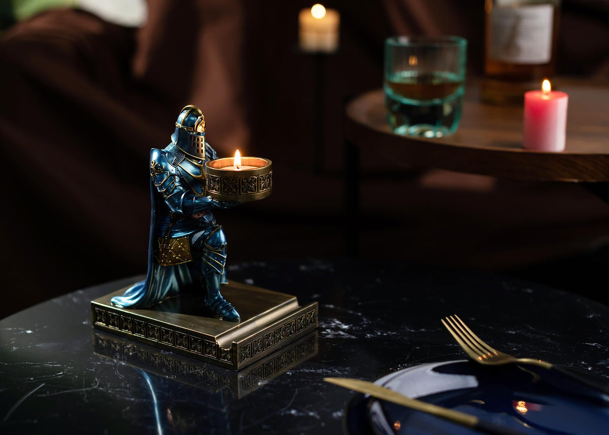 HDMbigmi King's Guard Kneeling Knight Candlestick Holders Resin Posture TeaLight Holder Warrior Mobile Phone Stand Pen Holder Candle Holder for Restaurant, Altar, Home Table(Blue)