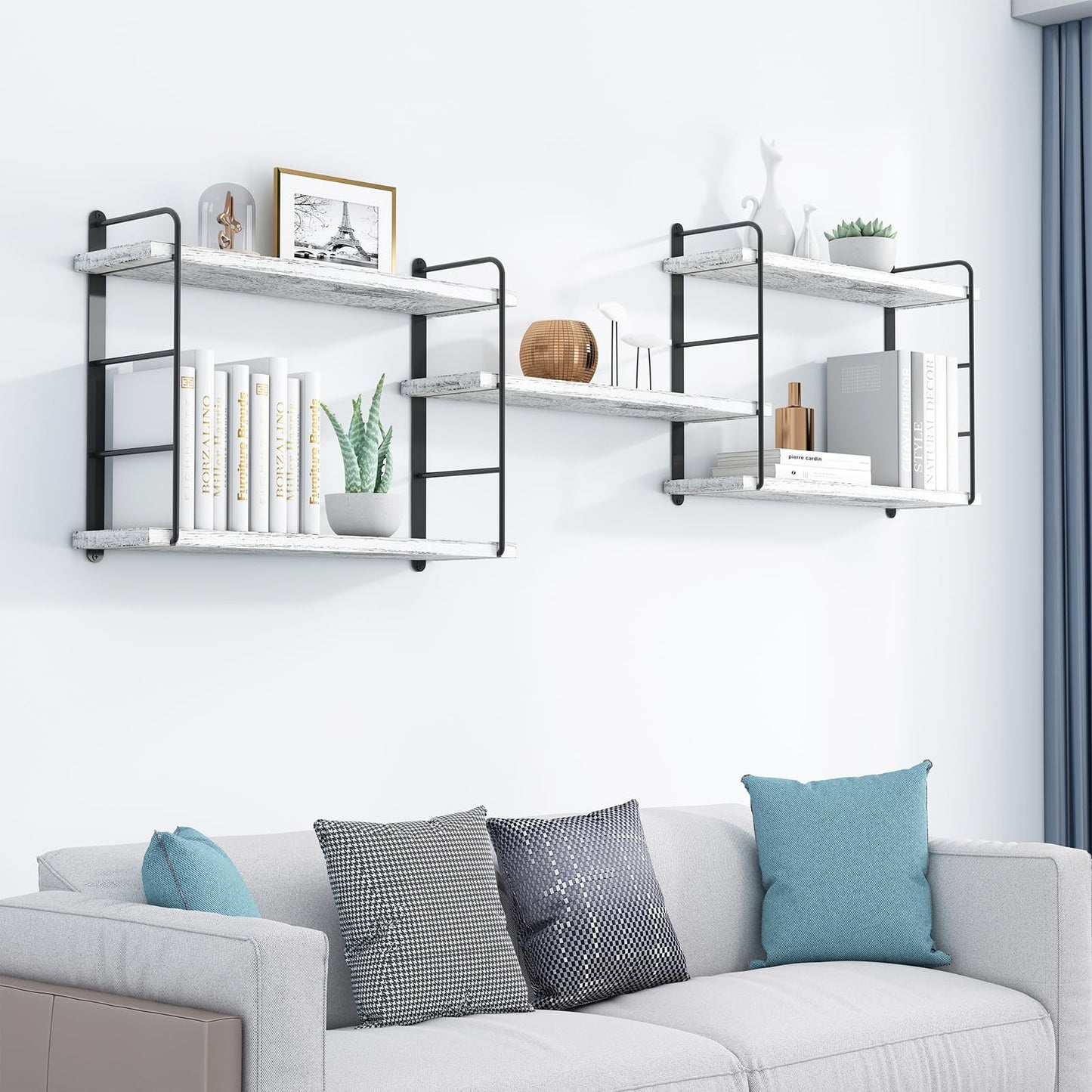 MXCSE Wall Shelves, Wall Mounted Bookshelves, DIY Floating Shelves for Wall, Wood Hanging Book Shelves for Room, Bedroom, Living Room, Easy Installation (Washed White, 50W x 17H)