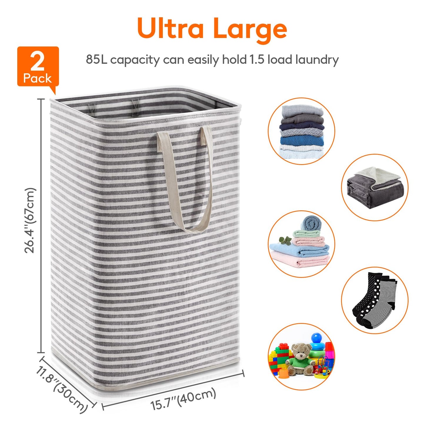 Lifewit 2 Pack Laundry Basket 80L Each, Collapsible Clothes Hamper with Reinforced Handles, Freestanding Waterproof Design for Bedroom and Laundry Room, Black 160L Total
