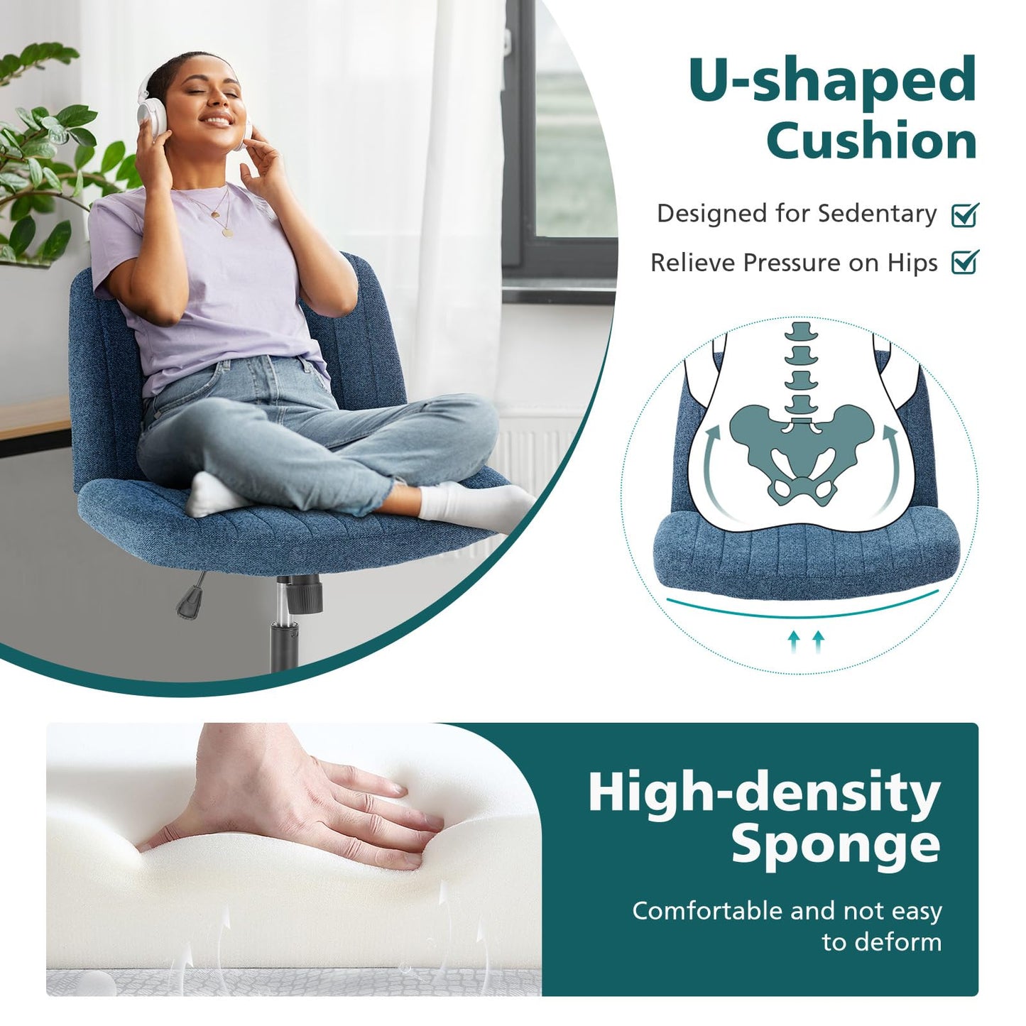 OLIXIS Criss Cross Chair with Wheels Wide Cross Legged Office Desk Vanity Chair Comfy Fabric Armless Height Adjustable Swivel for Home Computer Task Blue