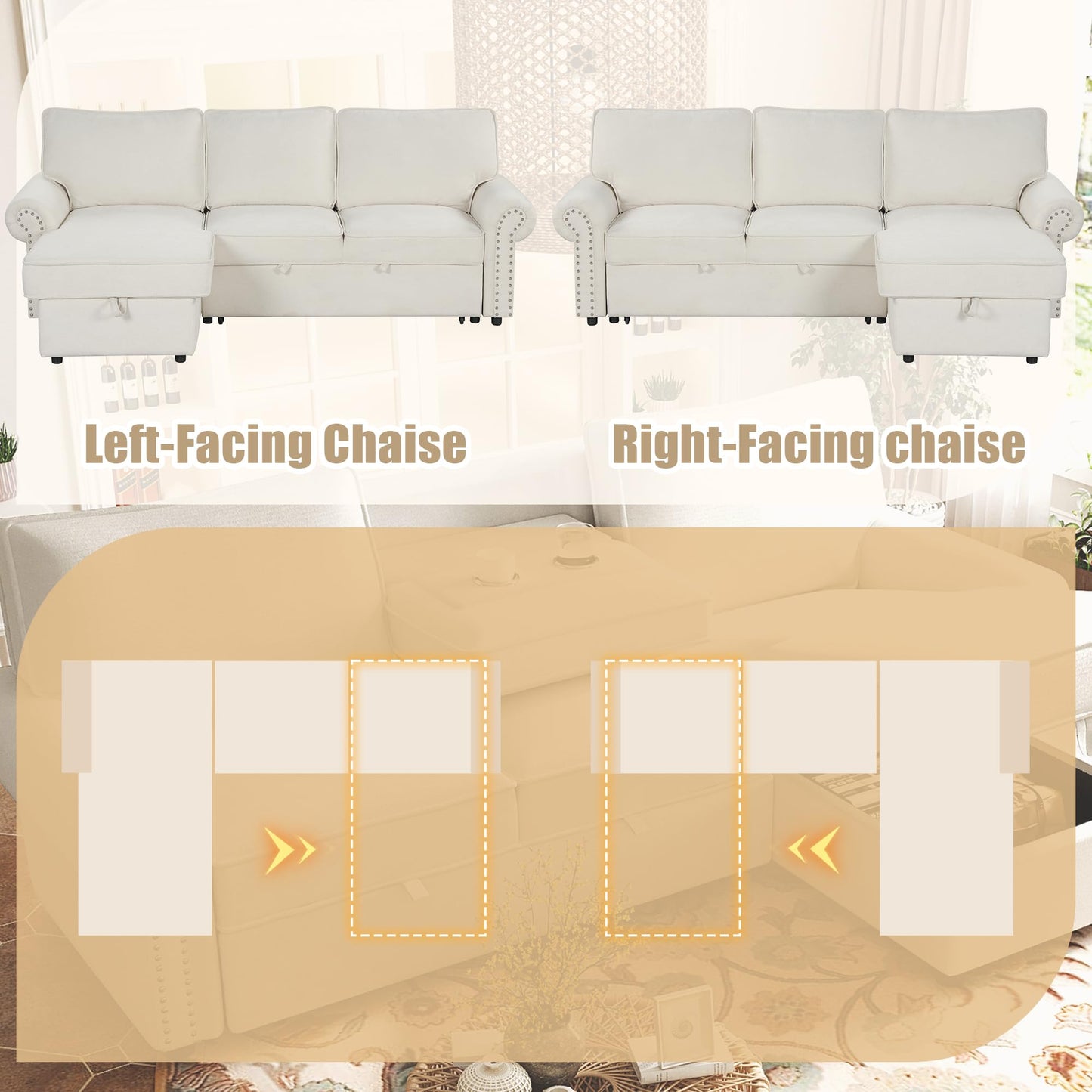 ERYE 95-Inch L-Shaped Reversible Sleeper Sectional Sofa Oversized Corner Pull Out Sleeper Couch Bed with Cup Holders and Nailhead Decor, Comfy Chenille Upholstered Corner Sofa Bed