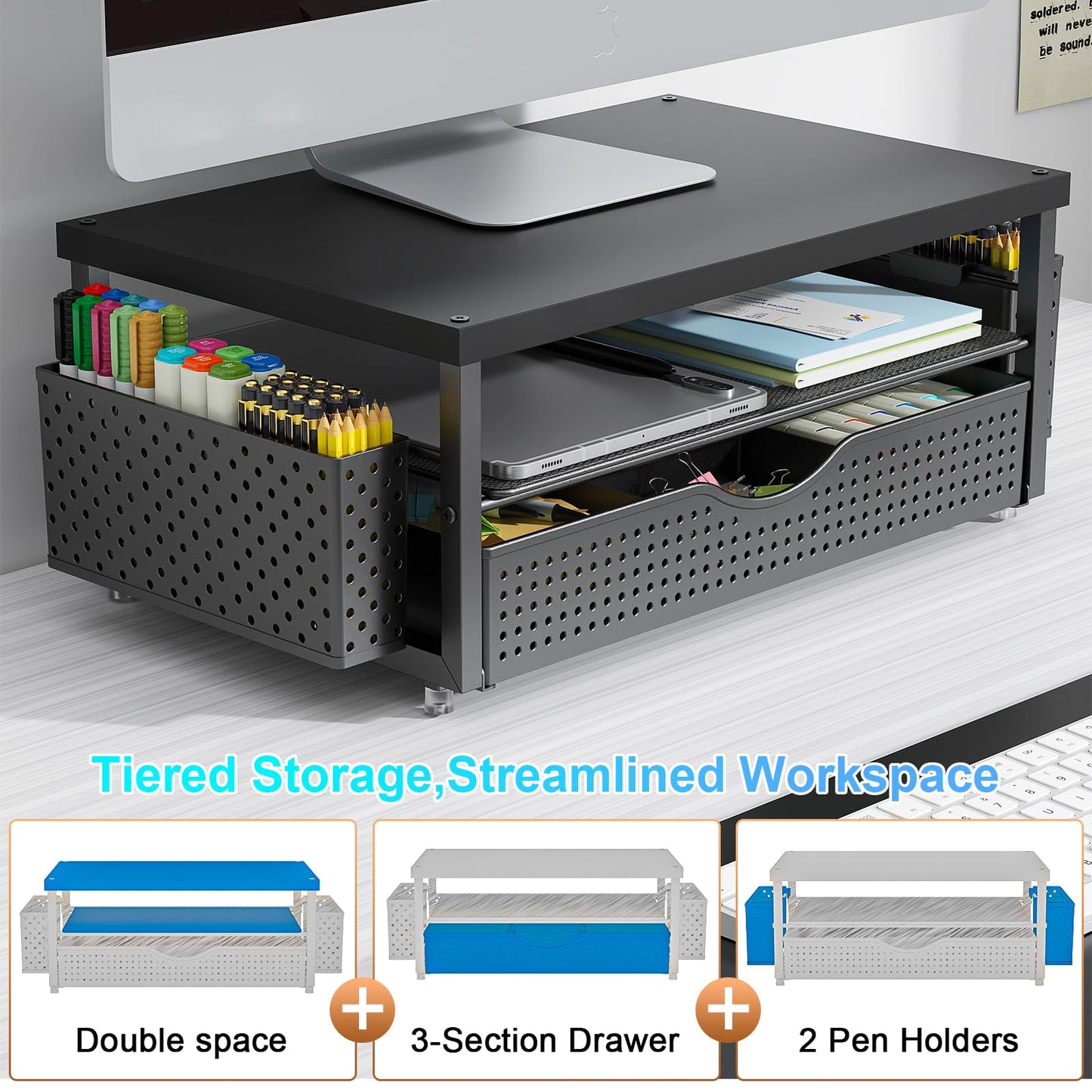 gianotter Monitor Stand Riser, Office Desk Shelf Organizer, Desk Organizer with Drawer and Pen Holder, 2-Tier Computer Stand, Office Organization (Ink)