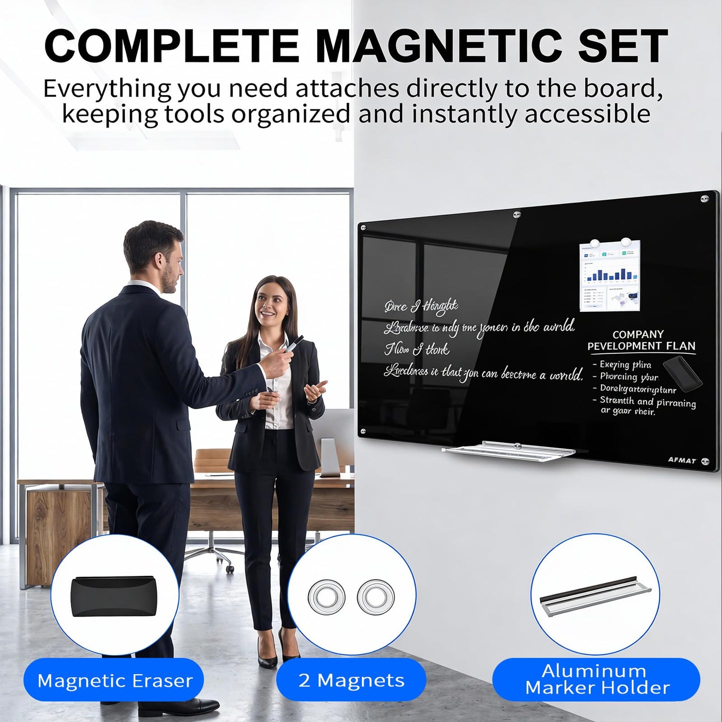 AFMAT Magnetic Black Glass Dry Erase Board, 48" x 36" Glass Blackboard, 4mm Tempered Glass w/Strong Magnetic Surface, Large Chalkboard for Wall, Frameless Wall Mounted for Office Home School