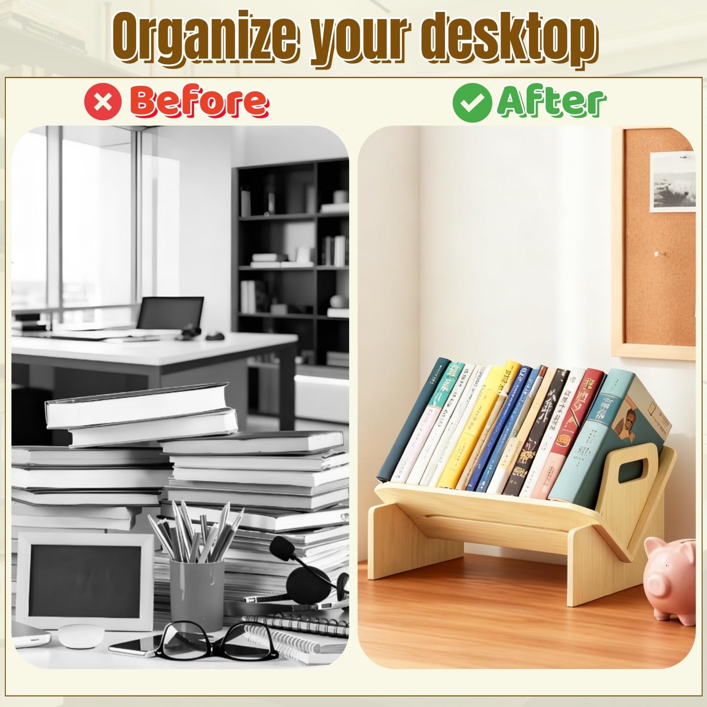 Acshio Wood Desktop Bookshelf, Tabletop Book Storage Rack Display Shelf with Handle, Tilting Office Bookcase Magazine Holder CD Rack for Office, Study Room, No Tools Required