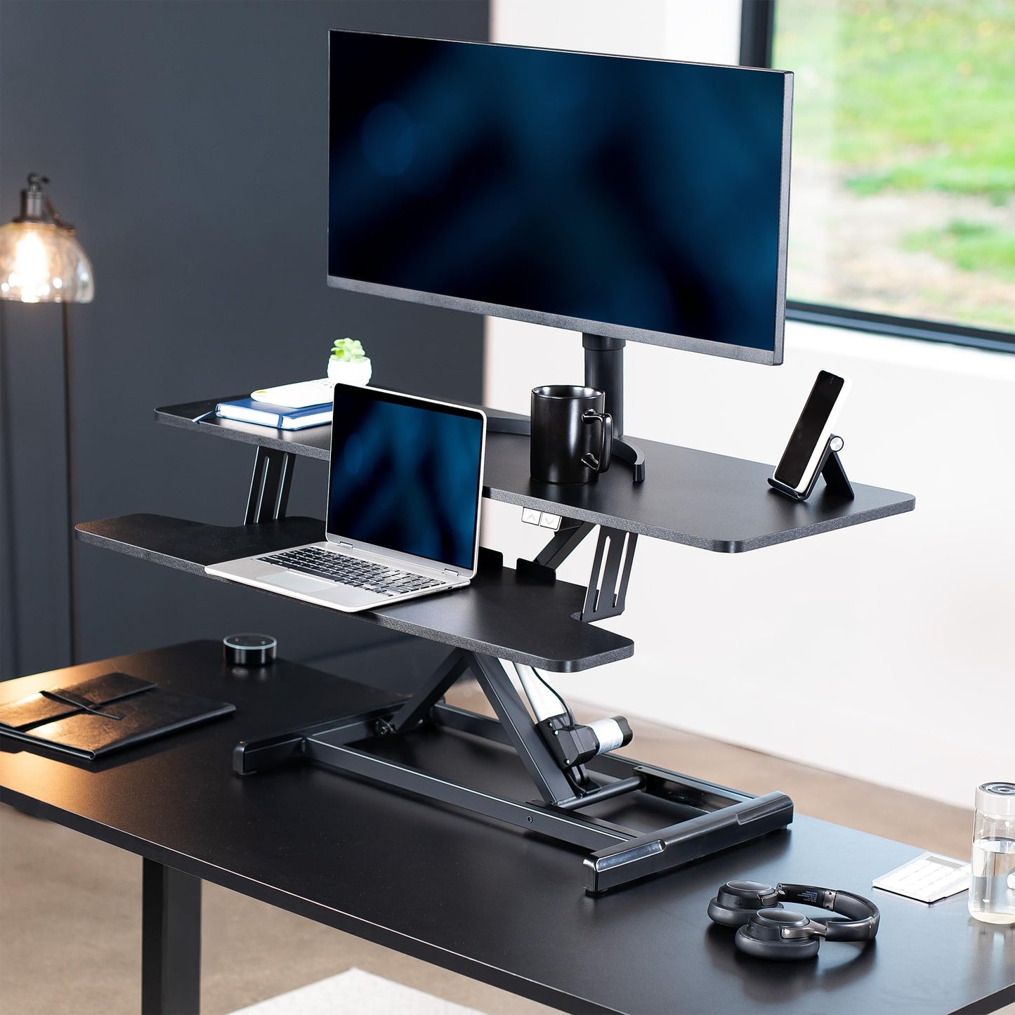VIVO 42 inch Electric Motor Desk Converter, Height Adjustable Riser, Sit to Stand Dual Monitor and Laptop Workstation with Wide Keyboard Tray, Black, DESK-VE42B