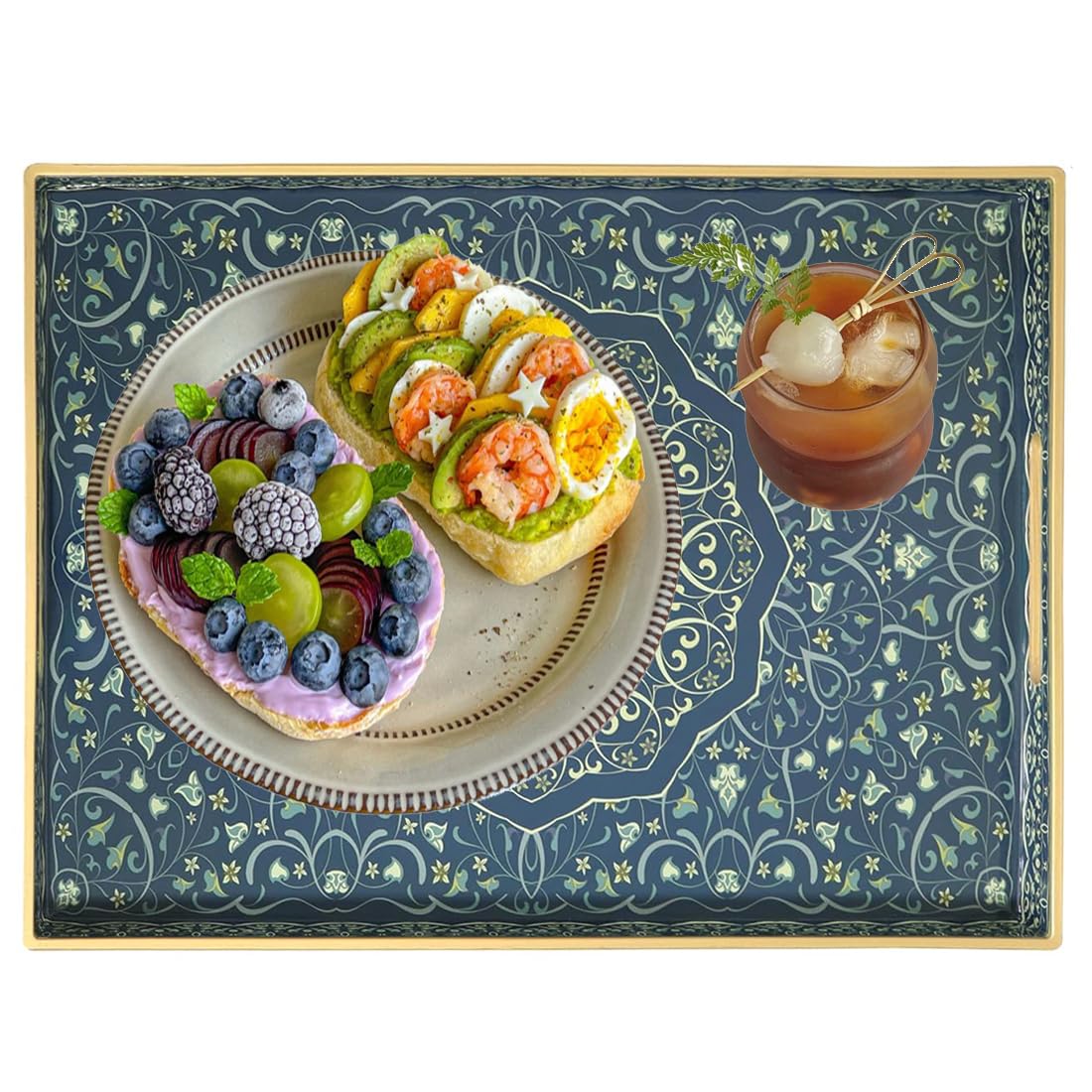 Umisriro Decorative Tray, Blue Serving Tray with Handles, Ottoman Trays, Plastic Coffee Table Tray for Living Room, Bathroom, Kitchen, Decor, 15.7”*11.8”