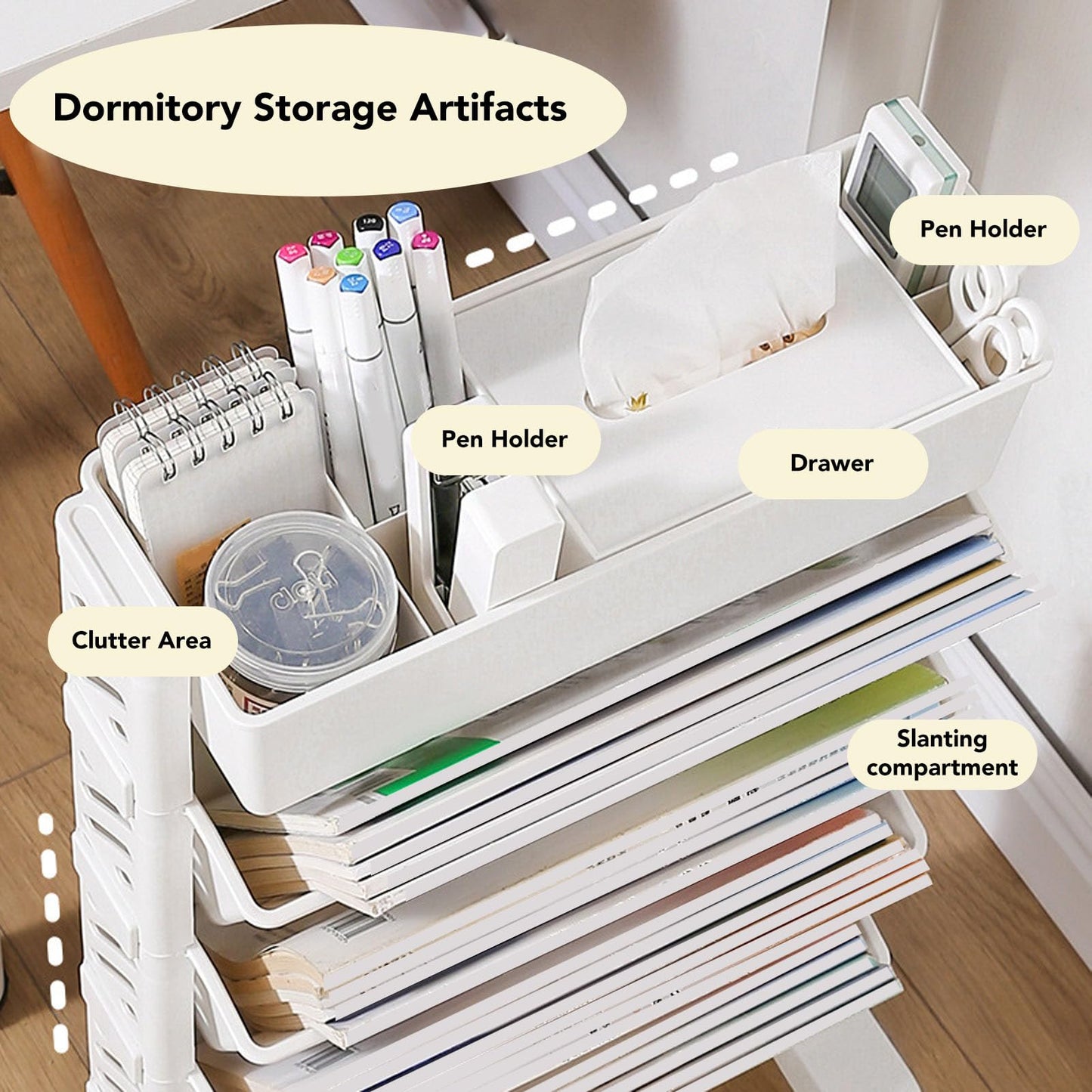 Removable Plastic Bookshelf for Home Study Room - 5 Tiers Mobile Storage Organizer Shelf With Wheels - Book Rack Cart
