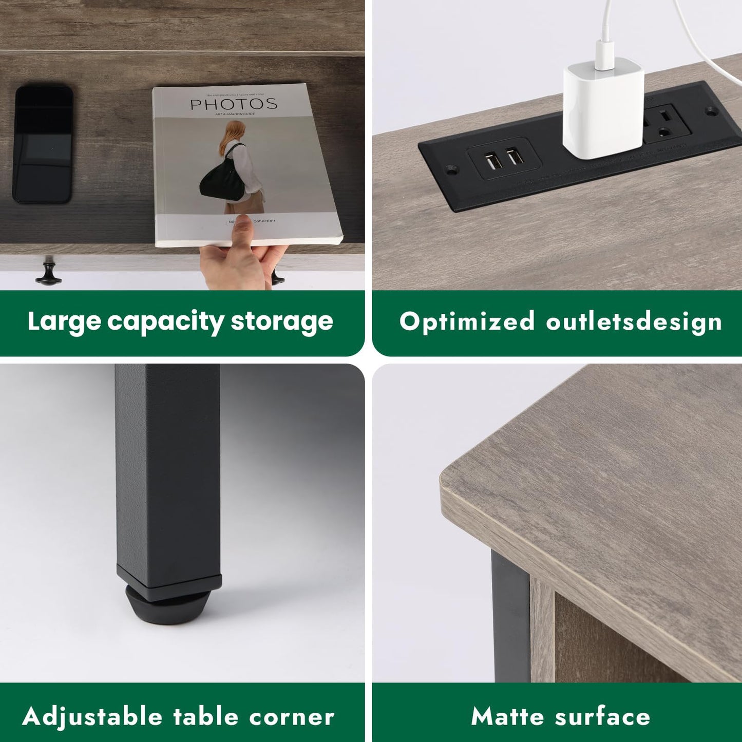 Tykacna 27 Inch Wide Night Stand, Lrage Wood Night Stand Set 2 with 2 Drawers, LED Nightstand with Charging Station and Adjustable Drawer, Bedside Table for Living Room/Bedroom/Study/Office, Gray.