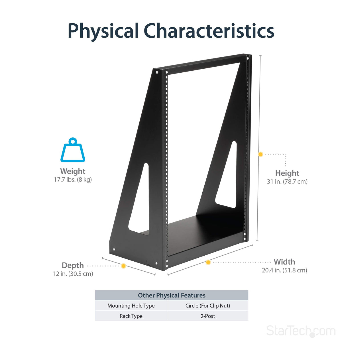 StarTech 16U 2-Post Open Frame Desktop Server Rack, 19in Compact Space-Saving Floor IT Rack with 350lb (160kg) Weight Capacity