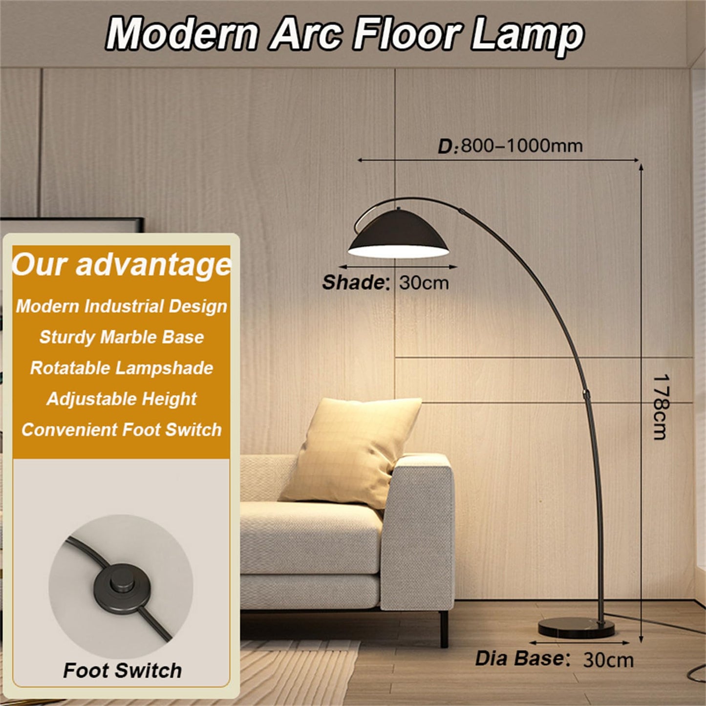 GKOKG Floorps,with Table Arc Floorp for Liviroom, Marble Base Standingp - Black with Adjustable Shade, Industrial Tallp Metal Material, Readingp for Bedroom Couch Sofa Desk
