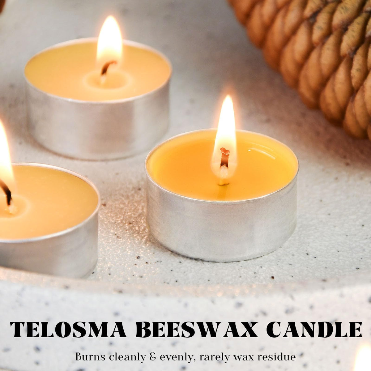 Natural Organic Beeswax Tea Candles in Metal Aluminum Cup - Small Candle Bulk Natural Scent Smokeless 4-5 Hours Long Burning - Yellow, Pack of 50