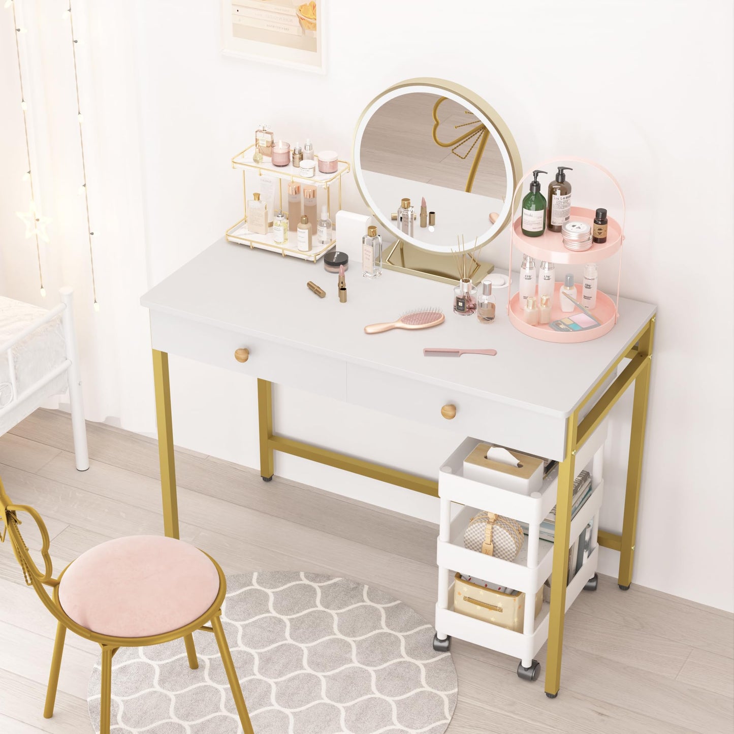 Weehom Computer Desk with Drawers, Home Office Desk for Writing, Studying, and Gaming - Sturdy and Spacious Workstation for PC and Laptop(White and Gold)